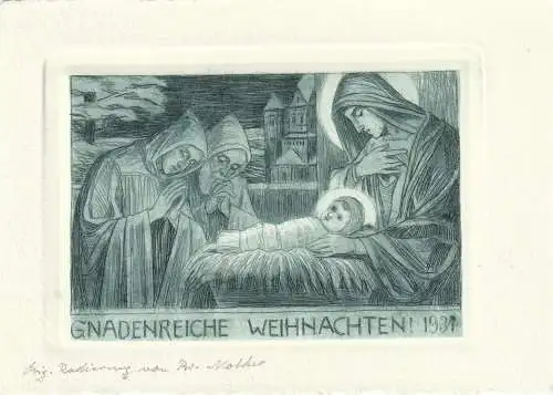 WEIHNACHTEN / KRIPPE, Original Radierung Bruder Notker, Maria Laach, 1934