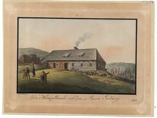 NIEDER - SCHLESIEN - KRUMMHÜBEL / KARPACZ, Hampelbaude, kolorierter Kupferstich, ca. 1850, 17 x 13 cm
