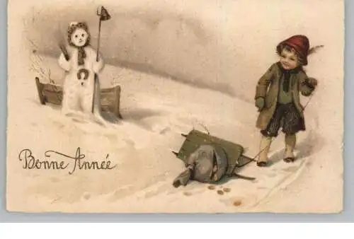 SCHNEEMANN / Snowman / Bonhomme de neige / Sneeuwpop / Schneemann und Junge mit Schlitten