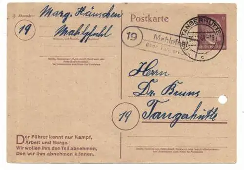 0-3510 TANGERHÜTTE, Postgeschichte, Postleitzahl 19 / Landpoststempel Mahlpfuhl über Tangerhütte, gelocht, kl. Einriss