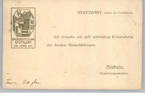 7000 STUTTGART, Bauausstellung 1908, Anschreiben an einen Aussteller, Druckstelle