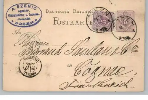 POSEN / POZNAN, Postgeschichte, GA mit Zusatzfrankatur nach Cognac, Einkreisstempel 1883