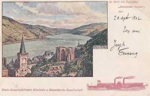 BINNENSCHIFFE - RHEIN, Köln-Düsseldorfer "DEUTSCHER KAISER", Bacharach, Künstler F. v. Wille, 1902, Druckstelle