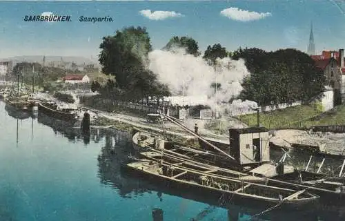 BINNENSCHIFFE - SAAR, Baggerschiff vor Saarbrücken, 1920