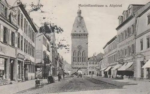 6720 SPEYER, Maximilianstrasse und Altpörtel, Kayser's Cafe, Apotheke, 1906