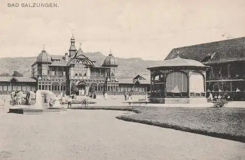 0-6200 BAD SALZUNGEN, Trinkhalle, Gradierhaus, Pavillon des Kurorchesters, belebte Szene, 1906