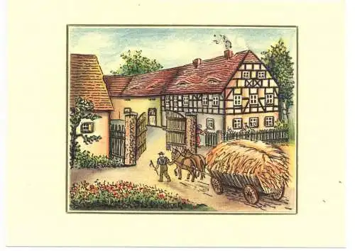 SCHLESIEN - Bauernhof, Zeichnung E.Jaesenne s/w und coloriert, 14 x 11,5 cm