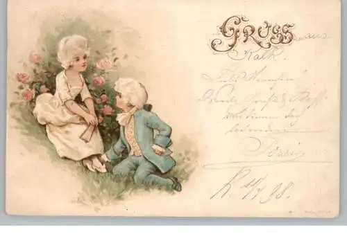 KINDER - Kinderpaar in historischen Kostümen, Lithographie 1898