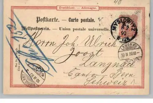 OBER - SCHLESIEN - MYSLOWITZ / MYSLOWICE, Postgeschichte, GA 1890 in die Schweiz, Schweizer Bahnpost / Ambulant