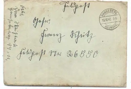 NEUMARK - KÖNIGSBERG i.d.N. - HANSEBERG / CHOJNA - KRZYMOW, Postgeschichte, Feldpostbrief mit Inhalt 15.10.1940