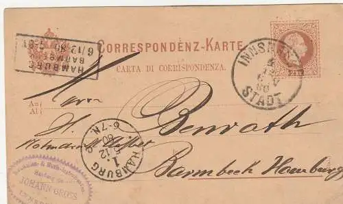 2000 HAMBURG - BARMBEK (CK), Postgeschichte, Kasten Ankunftstempel 1880, GA aus Innsbruck