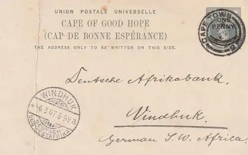 DEUTSCH - SÜDWESTAFRIKA, Postgeschichte, Ankunftstempel Windhuk 1907, GA aus Cape Town an die Deutsche Afrikabank