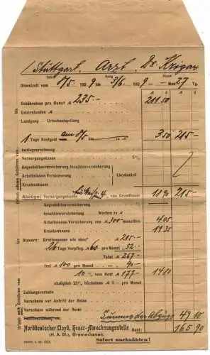 OZEANSCHIFFE - NORDDEUTSCHER LLOYD, Heuer-Abrechnungsumschlag für einen Arzt, 1929