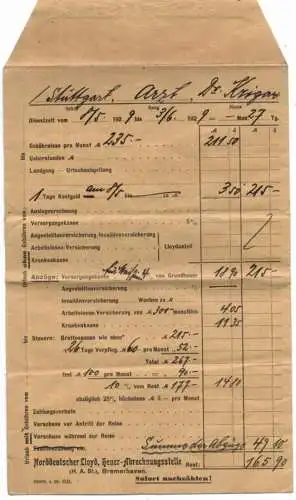 OZEANSCHIFFE - NORDDEUTSCHER LLOYD - "STUTTGART", Heuer-Abrechnungsumschlag des Schiffsarztes, 1929