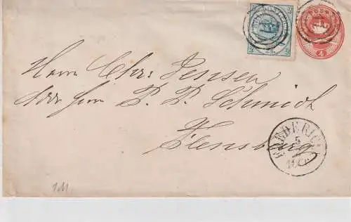 DANMARK - 1866, GA Umschlag U24 II mit Zusatzfrankatur, Nummernstempel 17, Fredericia - Flensburg