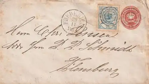 DANMARK - 1865, GA Umschlag U2 mit Zusatzfr, Nummernstempel 17, Fredericia - Flensburg, Kasten Stempel Schlesw. Post..