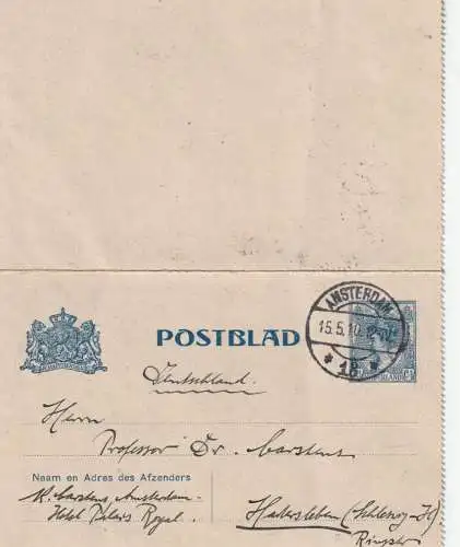 NIEDERLANDE - 1910, Kartenbrief / Postblad K13, Amsterdam - Hadersleben / Haderslev