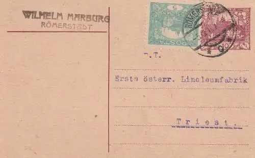 ITALIA - TRIEST - 1919, Anfrage Linoleumfabrik Triest aus Römerstadt, Tschechischer Ganzsache P10 mit Zusatzfrankatur