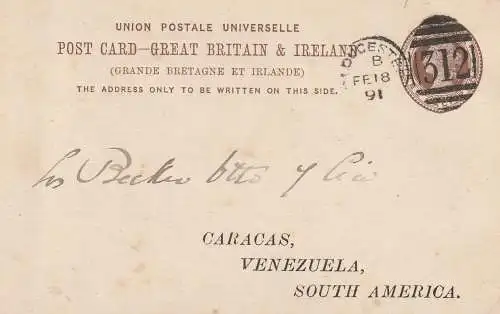 GREAT BRITAIN - 1891, Private Postal Stationery, Gloucester Railway Carriage to Caracas - Venezuela