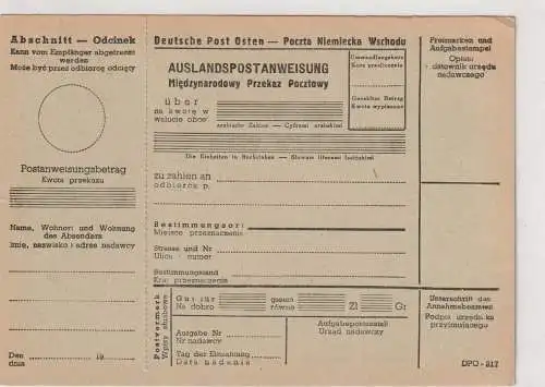 DEUTSCHES REICH - GENERALGOUVERNEMENT / DEUTSCHE POST OSTEN - 1940, Auslandspostanweisung DPO-217, blanko
