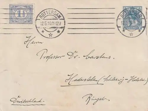 NIEDERLANDE - 1910, Umschlag U 11 II mit Zusatzfrankatur nach Hadersleben / Haderslev