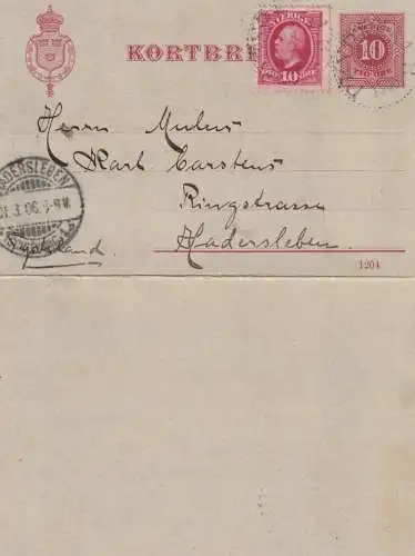 SVERIGE / SCHWEDEN - 1906, Kartenbrief / Kortbrief K8 mit Zusatzfrankatur, Halmstad - Hadersleben, Nummer 1204