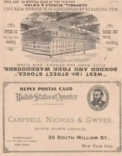 USA - 1894, One Cent Privat Postal Stationery, Campell, Nichols & Gwyer, Warehouse New York