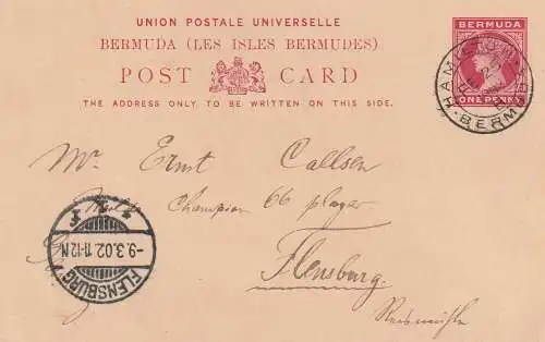 BERMUDA - 1902, One Penny Postal Stationery, Hamilton - Flensburg