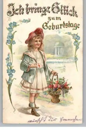 KINDER - Mädchen mit Blumenkorb, Gruß zum Geburtstag, Präge-Karte / embossed / relief, 1905