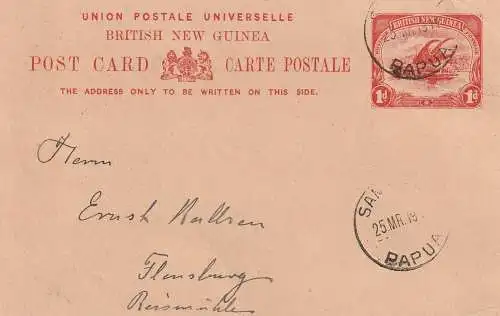 PAPUA NEW GUINEA - 1911, Postal Stationery 1d. SAMARAI to Flensburg / Germany