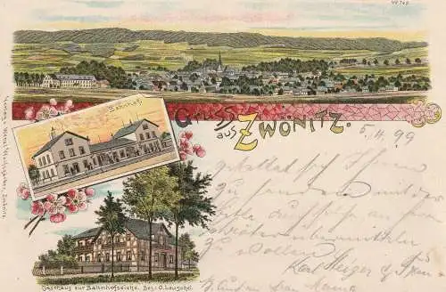 0-9417 ZWÖNITZ, Lithographie 1899, Gasthof zur Bahnhofseiche, Bahnhof, Gesamtansicht