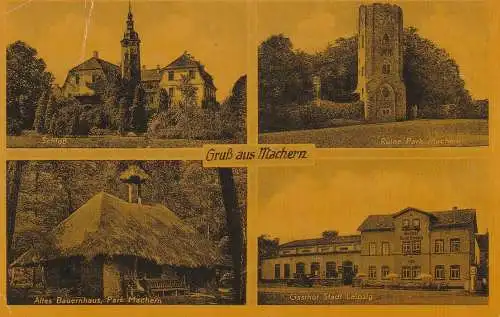 0-7254 MACHERN, Gasthof Stadt Leipzig mit Tankstelle, Ruine, Schloß, Bauernhaus, 1942