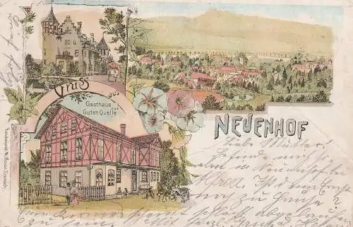 0-5900 EISENACH - NEUENHOF, Lithographie, Gasthaus zur Guten Quelle, Schloß, Gesamtansicht, leichte Druckstelle