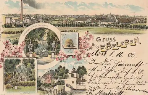 0-5402 EBELEBEN, Lithographie 1900, Ortsansicht mit Fabrikschornstein, Bienenkorb, Schloß - Cascaden - Karl Marienhaus