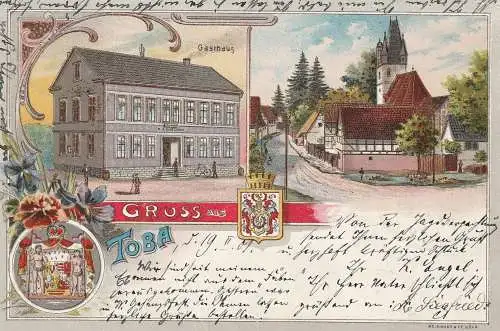 0-5401 HELBEDÜNDORF - TOBA, Lithographie 1901, Gasthaus, Strassenansicht mit Kirche, Wappen