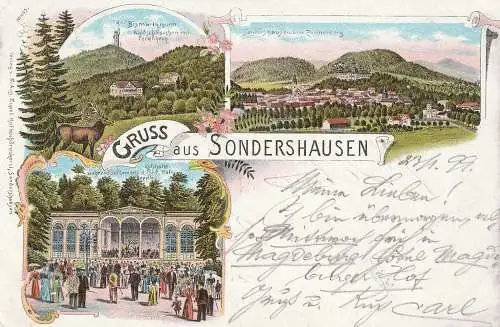 0-5400 SONDERSHAUSEN, Lithographie 1899, Concert in der Lohhalle, Bismarckturm, Gesamtansicht