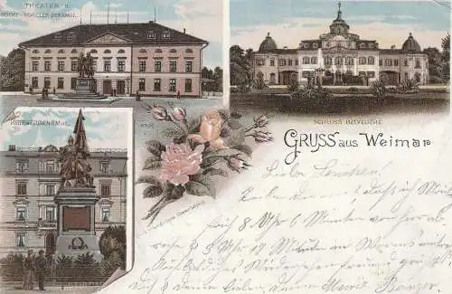 0-5300 WEIMAR, Lithographie  1897, Kriegerdenkmal, Theater mit Goethe / Schiller - Denkmal, Schloß Belvedere