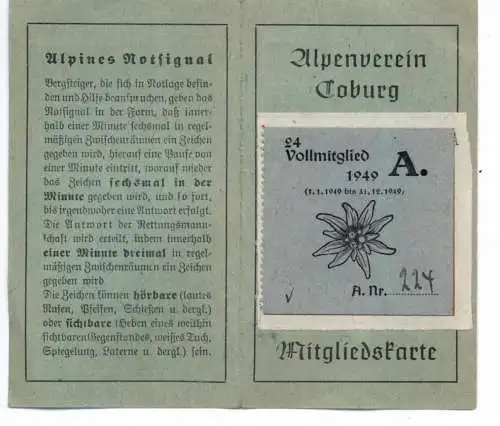 AUSWEIS / DOCUMENT - Mitgliedskarte Alpenverein Coburg 1949