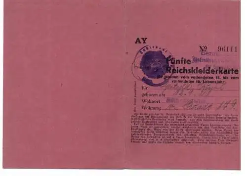 AUSWEIS / DOCUMENT - 5. Reichskleiderkarte, 1.10.1945 Köln - Delbrück, komplett