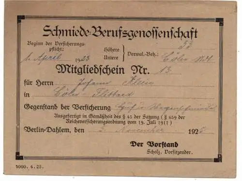 BERUFE - Schmiede - Berufgenossenschaft, Mitgliedskarte, 1925, Köln - Flittard