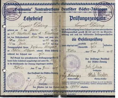 BERUFE - Lehr - Zeugnis und Prüfungszeugnis für einen Bäcker, Köln 1929