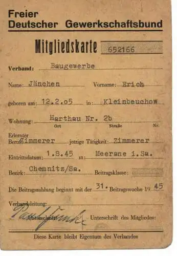 GEWERKSCHAFT - FDGB - Mitgliedskarte August 1945