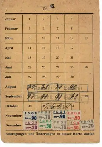 GEWERKSCHAFT - FDGB - Mitgliedskarte August 1945