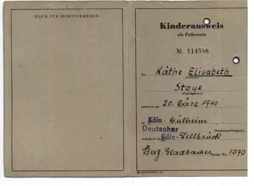 AUSWEIS / PASSPORT / CARTE D'IDENTITE, Kinderausweis als Passersatz, Bergisch Gladbach 1954