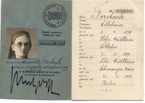 AUSWEIS / PASSPORT / CARTE D'IDENTITE, Fremdenkarte Luxemburg, 1938, Deutsche Nonne / Kinderpflegerin # 2096