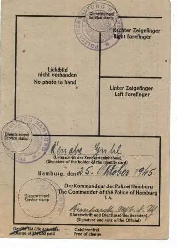 AUSWEIS / PASSPORT / CARTE D'IDENTITE, Vorläufige Meldekarte Hamburg Oktober 1945