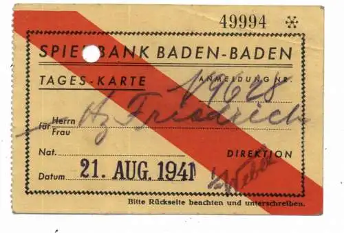 AUSWEIS / DOCUMENT - Tages-Karte Spielbank Baden - Baden 1941