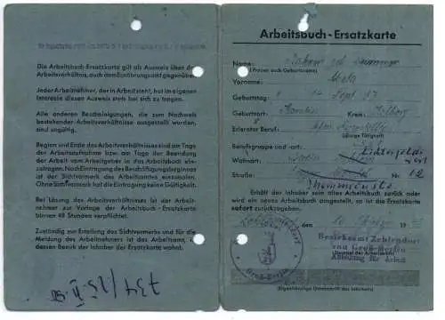 AUSWEIS / DOCUMENT - Arbeitsbuch - Ersatzkarte Berlin - Zahlendorf  1941 - 1951, u.a. Stadtförsterei Dachsberg