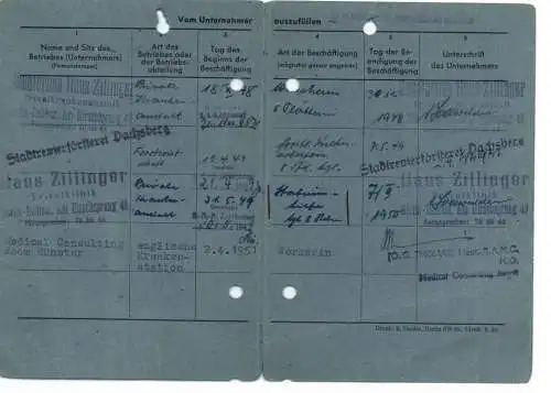 AUSWEIS / DOCUMENT - Arbeitsbuch - Ersatzkarte Berlin - Zehlendorf  1941 - 1951, u.a. Stadtförsterei Dachsberg