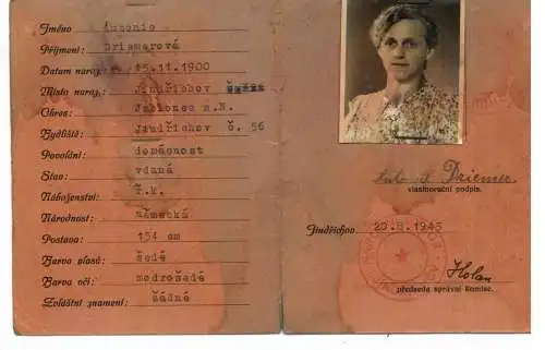 AUSWEIS / PASSPORT / CARTE D'IDENTITE, Tschechien, vorläufiger Personalausweis 20.08.1945 Jindrichow / Hennersdorf